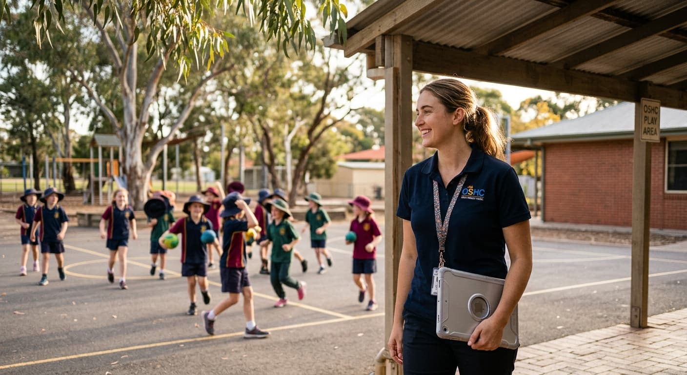 An OSHC educator watching children play on a school court in the afternoon